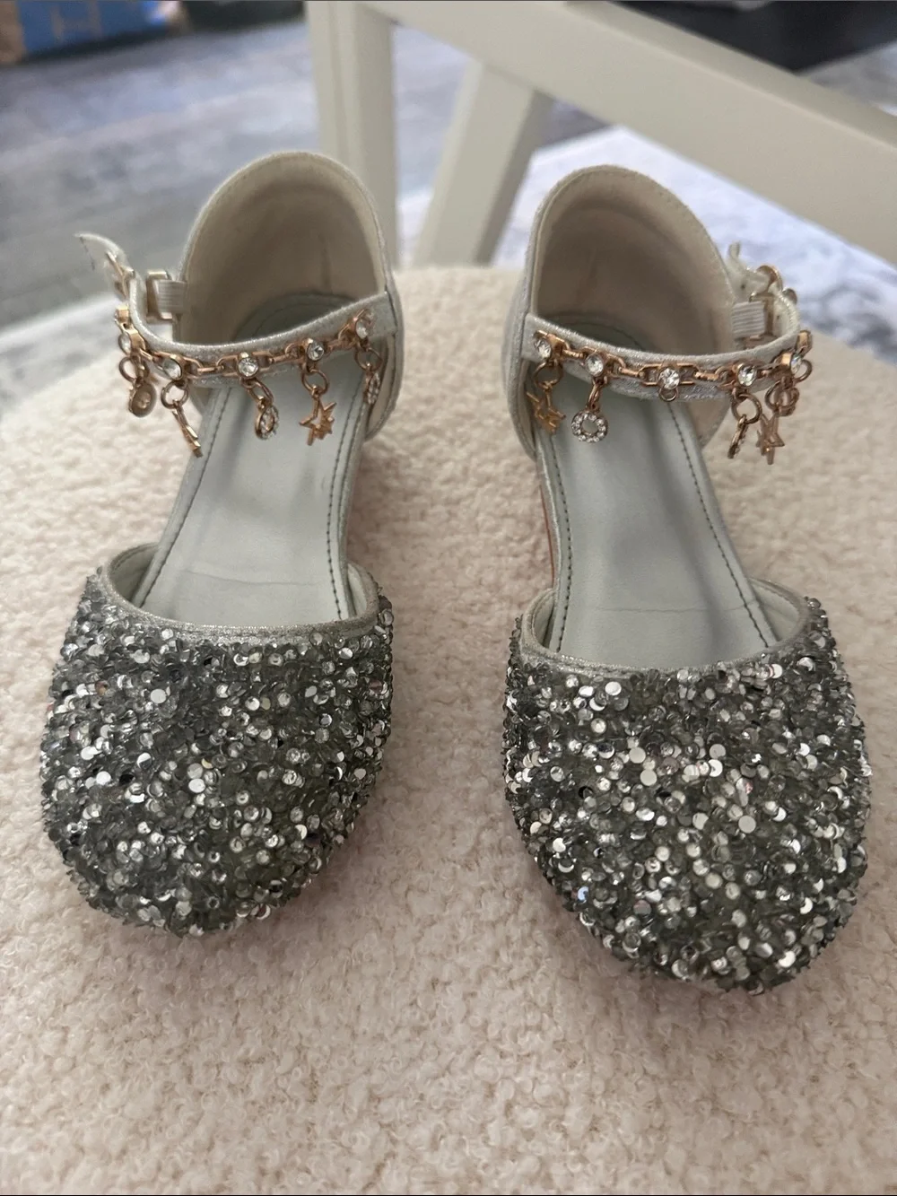 Girls Silver Sequin Ankle-Strap Dress Shoes